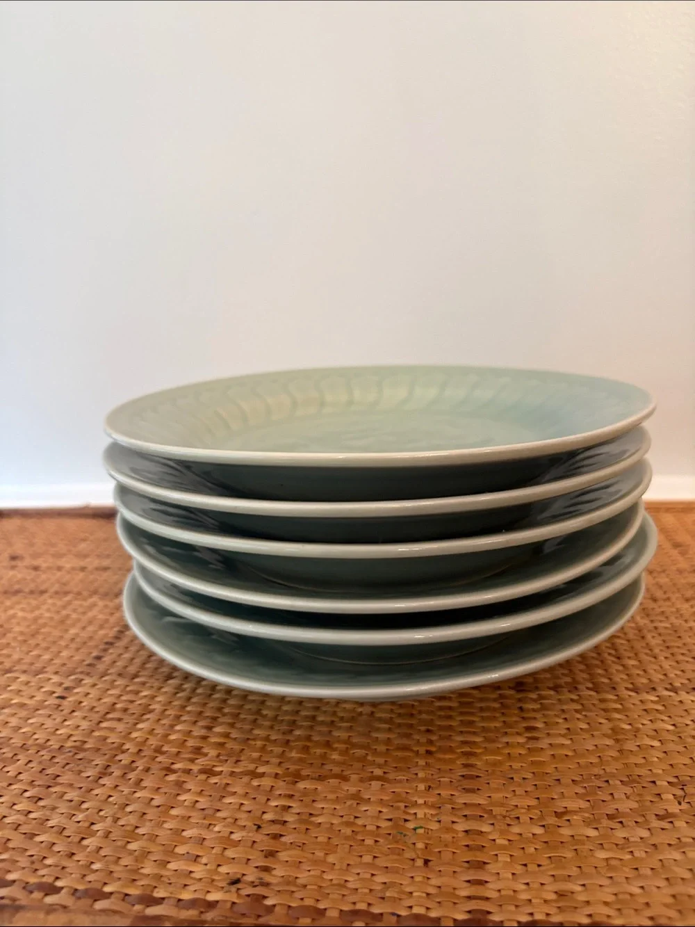 Vintage Celadon Green Embossed Ceramic Shallow Bowls w Koi Design - Set of 6